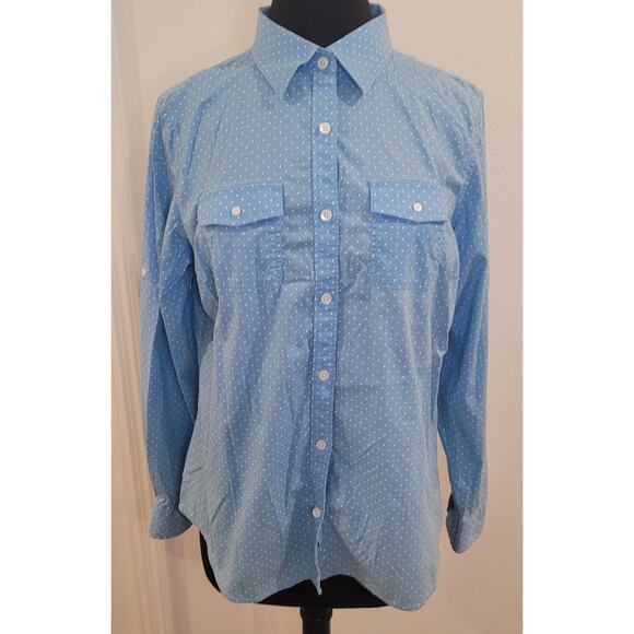 LL Bean Style Women’s Blue Polka Dot Shirt L Roll Tab Sleeves GUC - Picture 1 of 9
